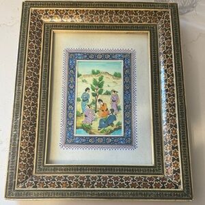 Vintage Persian miniature painting on bone khatam Kari style frame